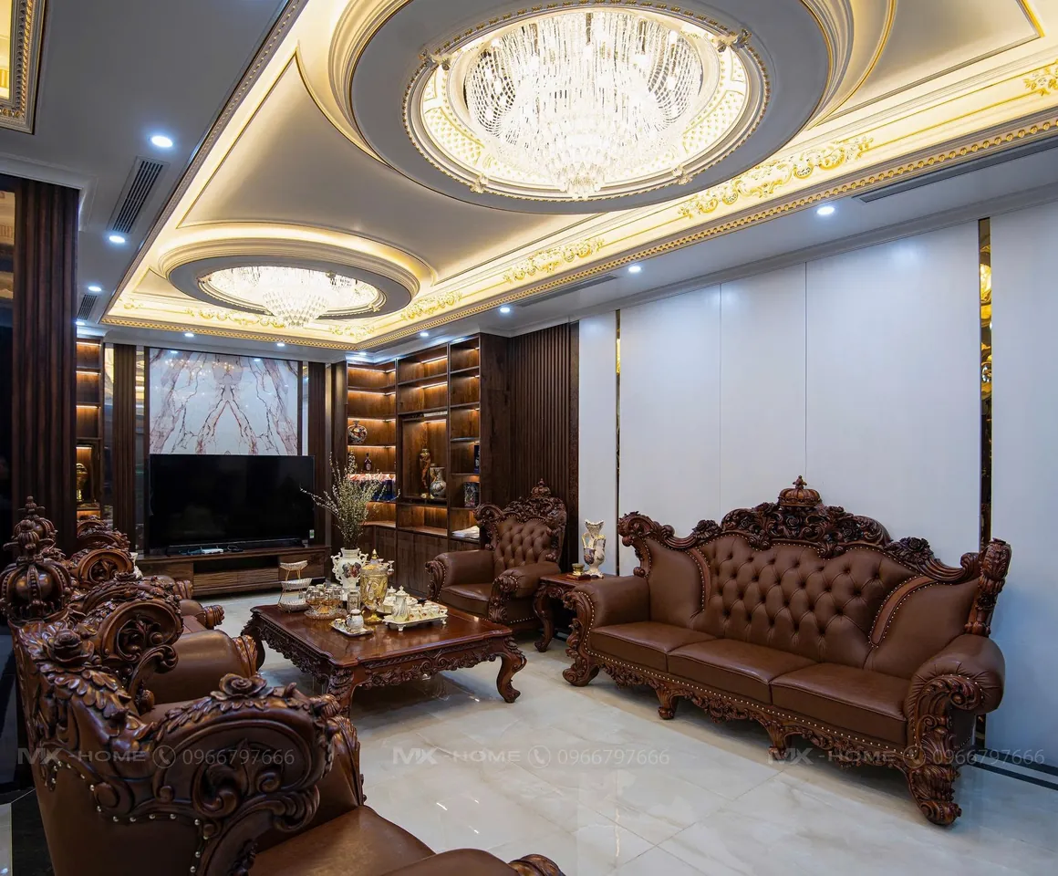 Phòng khách biệt thự với tủ trang trí gỗ óc chó